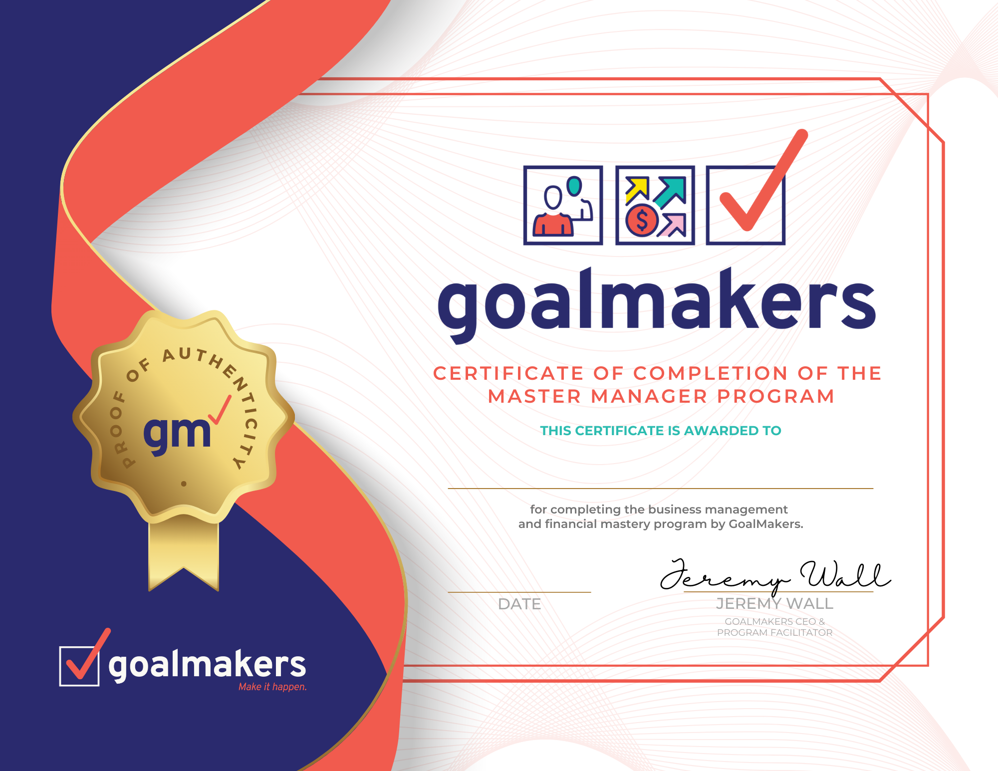Certificate of completion of the Master Manager Program, signed by Jeremy Wall
